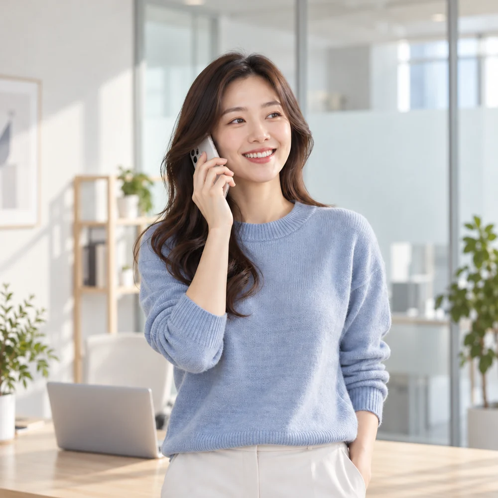밝은 방에서 휴대전화로 편하게 상담 문자를 보내며 웃는 직장인 고객